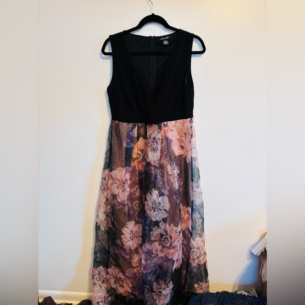 Candalite Black and pink floral maxi dress with a touch of glamour and v neck